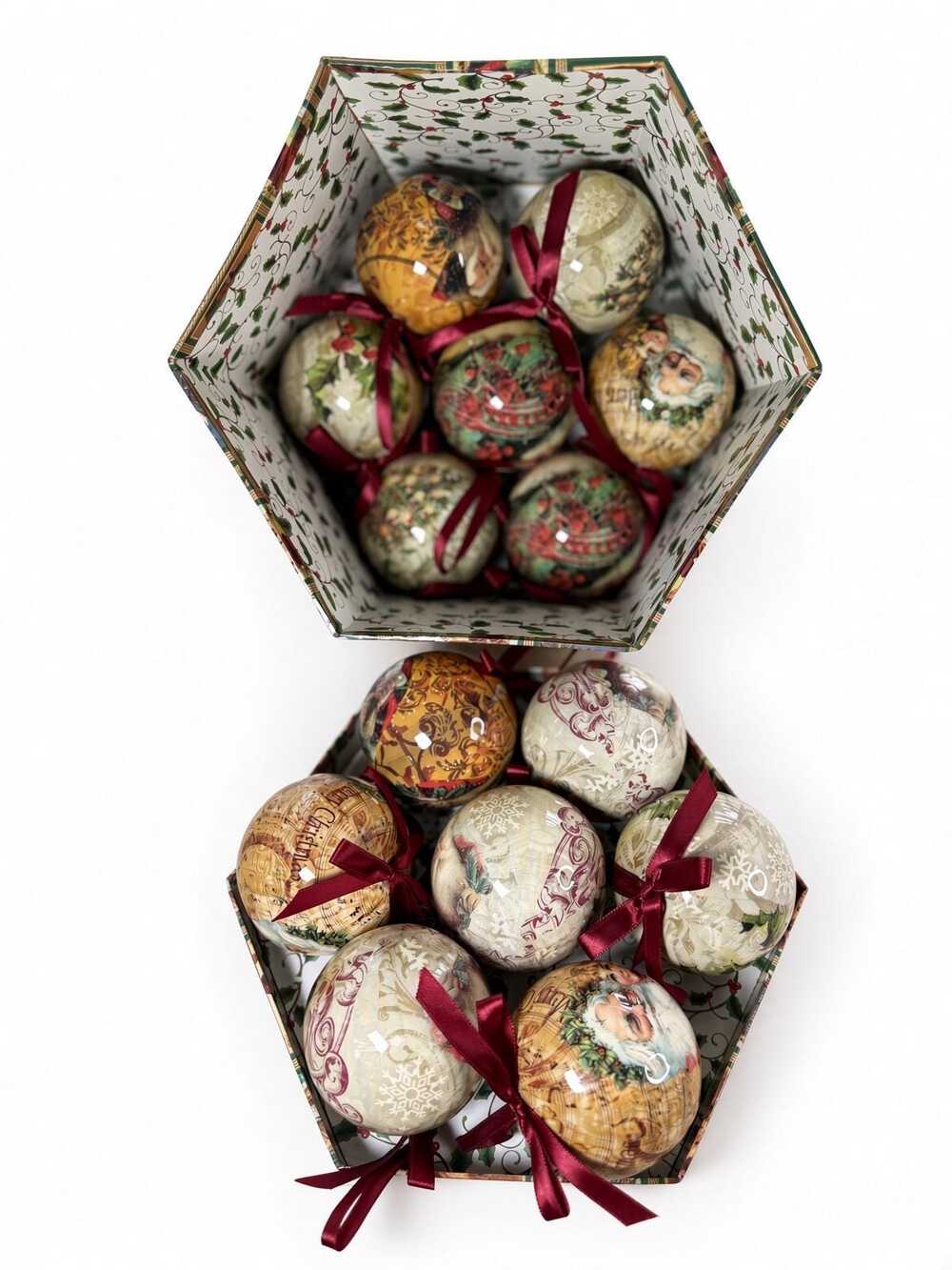 Set of 2 Hexagonal Decoupage Christmas Ornament Boxes, Red Gold Ball Ornaments